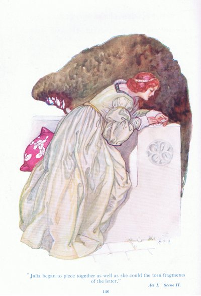Julia begann, die zerrissenen Fragmente des Briefes so gut wie möglich zusammenzusetzen (Die zwei Herren aus Verona), aus Geschichten aus Shakespeare, veröffentlicht von Ward Lock & Co Ltd von A. Jackson