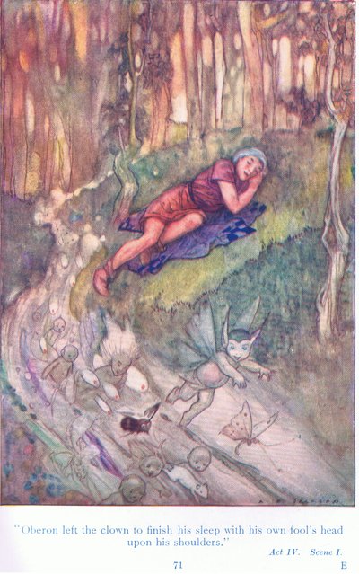 Oberon ließ den Narren schlafen mit seinem Narrenhaupt auf den Schultern (Ein Sommernachtstraum), aus Geschichten von Shakespeare, veröffentlicht von Ward Lock & Co Ltd von A. Jackson