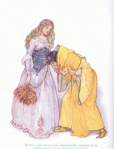 Romeo wagte es, unter dem Schutz seiner Maskierung, ihre Hand zu nehmen und sie sanft zu küssen (Romeo und Julia), aus Tales from Shakespeare, veröffentlicht von Ward Lock & Co Ltd von A. Jackson