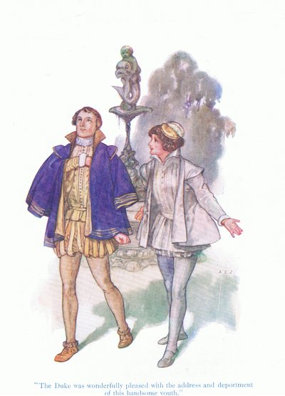 Der Herzog war wunderbar erfreut über die Ansprache und das Benehmen dieses hübschen Jungen (Was ihr wollt), aus Tales from Shakespeare, veröffentlicht von Ward Lock & Co Ltd von A. Jackson