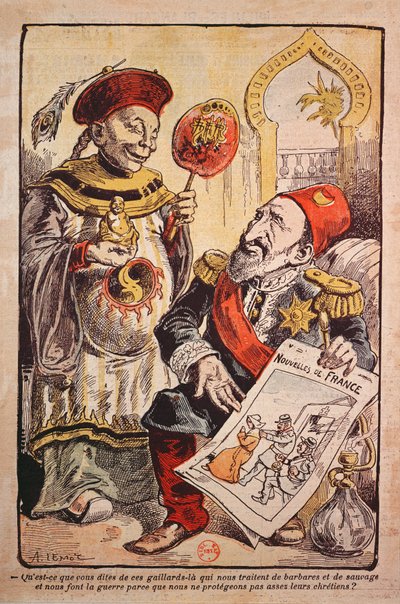 Karikatur, die die Heuchelei und Doppelmoral Westeuropas in ihrer Kritik und ihrem Verhalten gegenüber China und dem Osmanischen Reich anprangert von A Lemot