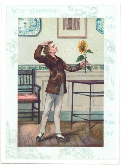 Der Blumenschauer Viktorianische Grußkarte eines Ästheten, der eine Sonnenblume in Ekstase bewundert, ca. 1881 (Farblithografie) von A. Ludovici
