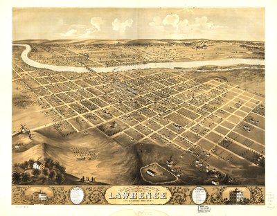 Vogelperspektive der Stadt Lawrence, Kansas 1869 von A. Ruger