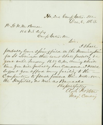 Brief unterschrieben A.S. Norton, Major Commanding, Hauptquartier, Camp Yates, Ill., an 1. Leutnant W.M. Breese, 16. U.S. Infanterie, Camp Gates, Ill., 6. Dezember 1863 von A. S. Norton