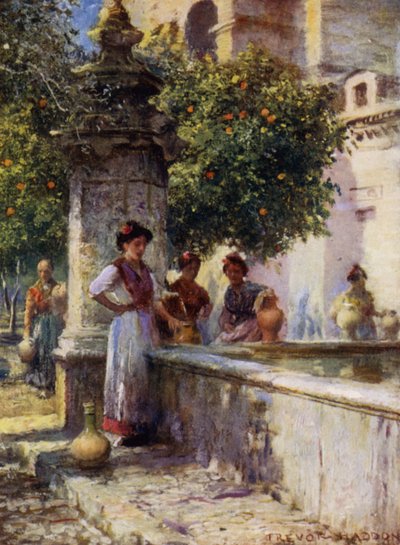 Córdoba, Brunnen im Patio de los Naranjos (Farblithografie) von A. Trevor Haddon