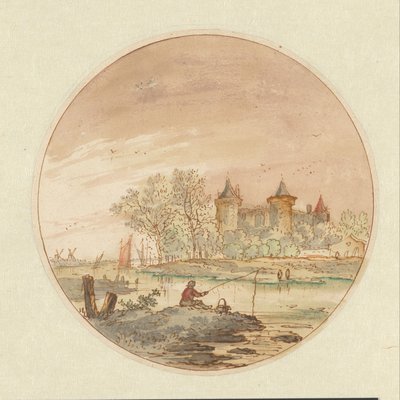 Landschaft mit einem Angler und einem Schloss von Aarnout ter Himpel