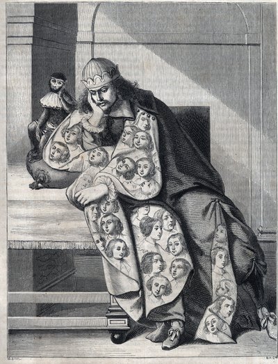 Der mit Bosheit gefüllte Mann: ein Mann mit einem doppelten Mantel aus Frauenköpfen meditiert mit einem Affen an seiner Seite. Reproduktion eines Drucks von Abraham Bosse (1604-1676). von Abraham (after) Bosse