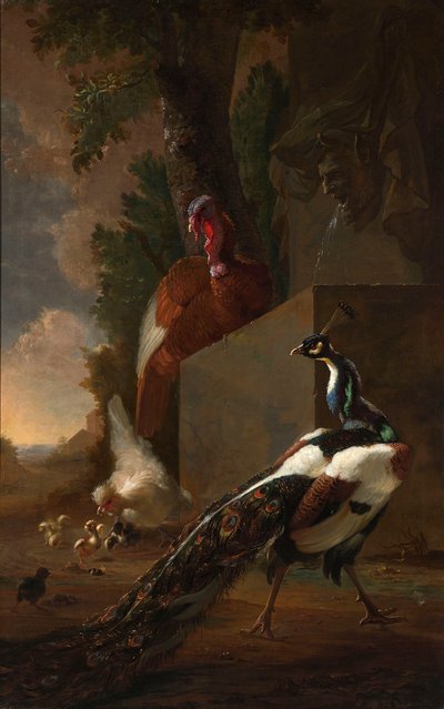 Ein Pfau, Truthahn und Huhn mit ihren Küken neben einem klassischen Brunnen in einer Landschaft von Abraham Bisschop