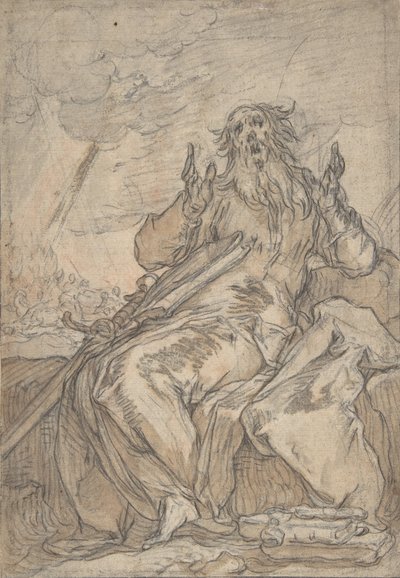 Heiliger Paulus sitzend, mit seiner Bekehrung im Hintergrund, spätes 16. bis mittleres 17. Jahrhundert von Abraham Bloemaert