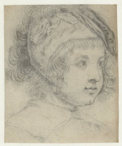 Kinderkopf mit lockigem Haar und Mütze, nach rechts von Abraham Bloteling