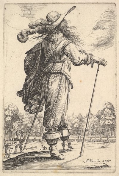 Ein Herr, von hinten gesehen, geht nach rechts mit einem Stock und trägt einen Federhut ..., 1629 von Abraham Bosse