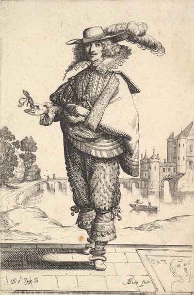 Ein Herr vor einer großen Burg mit Federhut und Spitzenkragen von Abraham Bosse