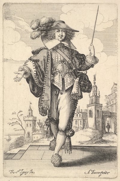 Ein Herr, der vorwärts geht, mit ausgestrecktem rechten Arm und einer Peitsche in der linken Hand, 1629 von Abraham Bosse