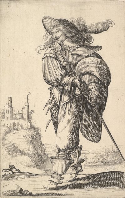 Ein Herr, der nach links geht und sein Schwert aus der Scheide zieht, trägt eine Feder..., 1629 von Abraham Bosse