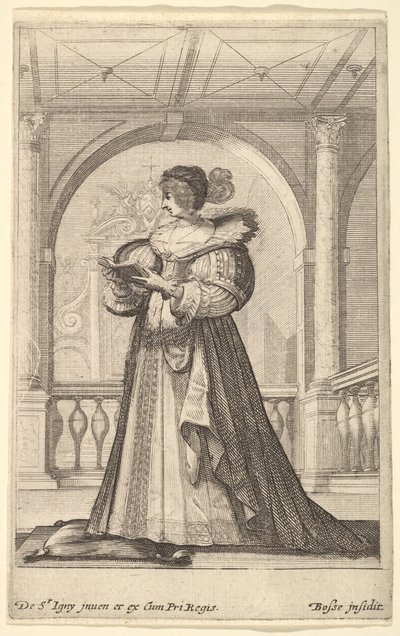 Eine Frau steht, nach links im Profil, trägt einen Hut und einen Spitzenkragen, liest..., ca. 1629 von Abraham Bosse