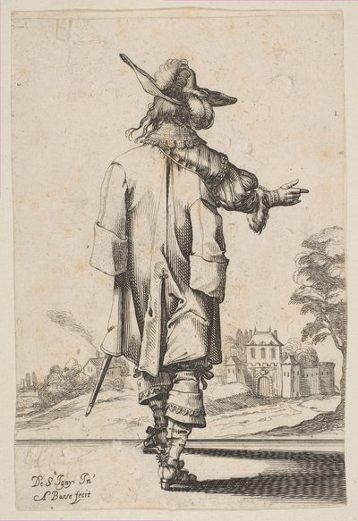 Herr von hinten gesehen, der auf ein Schloss zeigt, 1629 von Abraham Bosse