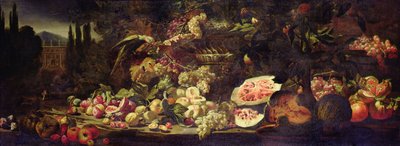 Stillleben mit Früchten, einem grünen Papagei und einer silbernen Vase von Abraham Brueghel