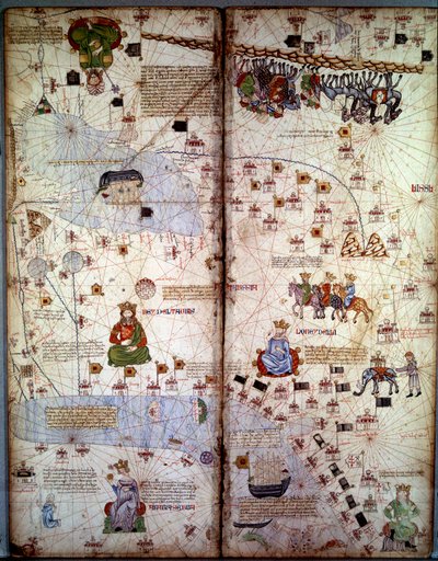 Kartografie: Karte von Cathay (Catai), alter Name von Mongolisch-China in Zentralasien und Europa. Es gibt: Delhi (Indien), mit dem Aralsee, dem Fluss Wolga, dem Kaspischen Meer, dem Kaukasus, Euphrat, der Arabischen Halbinsel und den Städten Dehli (Indien von Abraham Cresques