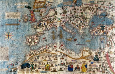 Katalanische Karte des europäischen Kontinents mit dem Atlantik und dem Mittelmeer von Abraham and Cresques Jehuda Cresques