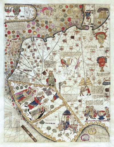 Karte von China (Cathay), mit Beschreibungen kleiner Szenen, Abgrenzung der Königreiche mit jeweils dargestelltem Herrscher von Abraham and Cresques Jehuda Cresques