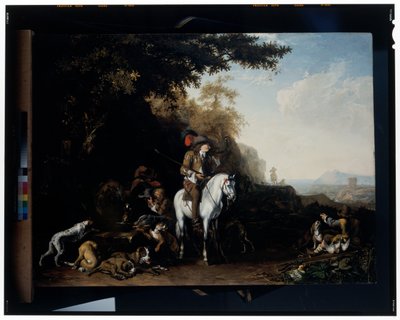Weite Landschaft mit einer Jagdgesellschaft, die an einem Wassertrough rastet, und einem Sportschützen, der schießt von Abraham Danielsz. Hondius