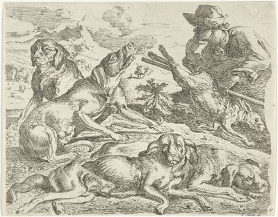 Vier Hunde, ein Jäger und ein Hase von Abraham Danielsz. Hondius