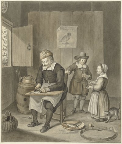 Interieur mit Mann, der Fische säubert, und zwei Kindern von Abraham Delfos