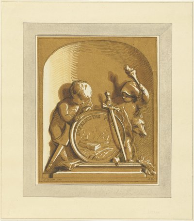 Putti stehend bei Medaillon mit Grabmal, in Nische von Abraham Delfos