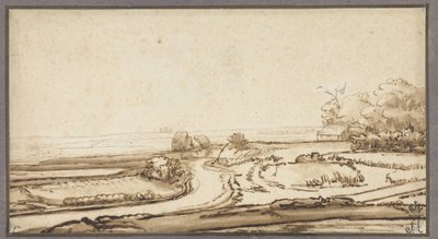Hügelige Landschaft mit Weg und Haus am Waldrand von Abraham Furnerius