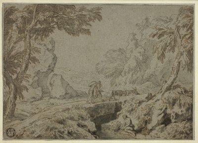 Landschaft mit Satyr, Ziegen und anderen Figuren von Abraham Genoels II