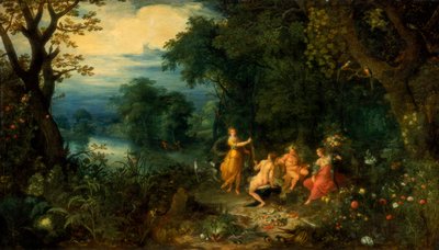 Eine Landschaft mit Wald, Diana bietet einer Nymphe einen Hasen an, Silenus und Ceres im Vordergrund, ca. 1614 von Abraham Govaerts
