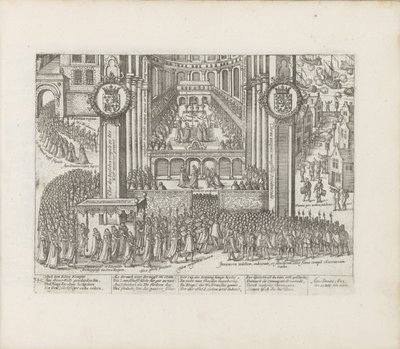 Ansicht des Äußeren der Westminster Abbey während der Krönung von James I. von Abraham Hogenberg