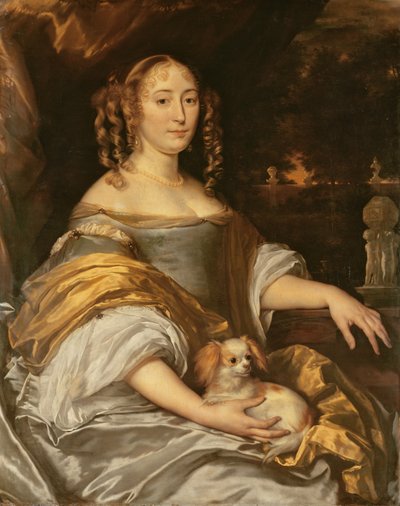 Porträt einer jungen Dame im blauen Kleid mit Schoßhund von Abraham Lambertsz van den Tempel