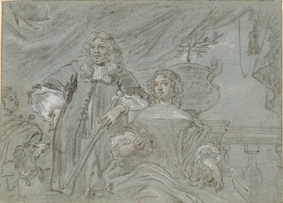 Gruppe einer sitzenden Dame und eines stehenden Herrn, Kniefiguren. Im Hintergrund ein schwarzer Afrikaner und ein Hund, rechts eine Balustrade von Abraham Lambertsz. van den Tempel