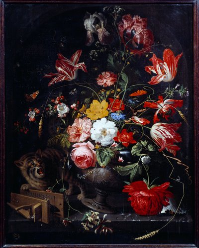 Katze, die eine Blumenvase umstößt. von Abraham Mignon