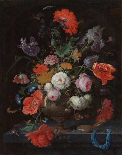 Stillleben mit Blumen und einer Uhr, ca. 1660-79 von Abraham Mignon