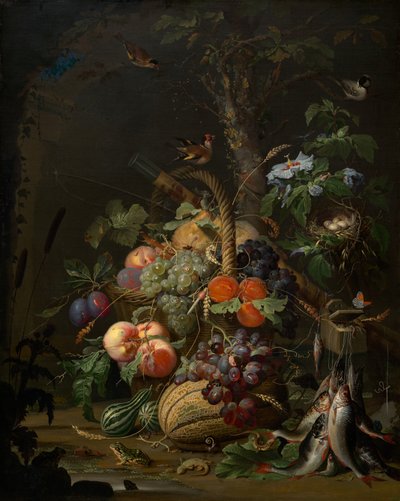 Stillleben mit Obst, Fisch und einem Nest von Abraham Mignon