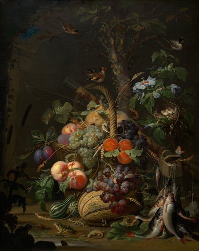 Stillleben mit Obst, Fisch und einem Nest, ca. 1675 von Abraham Mignon