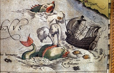 Ein Wal greift ein Schiff an. Tafel aus einer Ausgabe von „Theatrum Orbis Terrarum“ des Kartographen Abraham Ortelius (1527-1598) von Abraham Ortelius