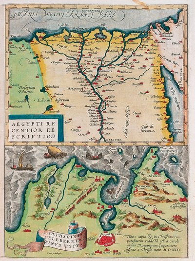 Aegypti Recentior Descriptio. - Carthaginis Celeberrimi Sinus Typus. Geographiekarte von Ägypten mit den Städten des Nils und Karthago (Tunesien) aus „Theatrum Orbis Terrarum“ von Abraham Ortelius von Abraham Ortelius
