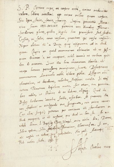 Autographierter Brief an seinen Neffen, Jacob Cool (Jacobus Colius), Antwerpen, 2. Februar 1595 von Abraham Ortelius