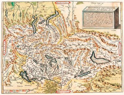 Helvetiae Descriptio Aegidio Tschudo Auct. Geografische Karte der Schweizer und französischen Alpen einschließlich Seen aus „Theatrum Orbis Terrarum“ von Abraham Ortelius von Abraham Ortelius