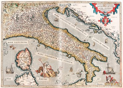 Italiae novissima descriptio auctore Iacobo Castaldo Pedemontano. Geographische Karte des Territoriums von Italien aus „Theatrum Orbis Terrarum“ von Abraham Ortelius von Abraham Ortelius
