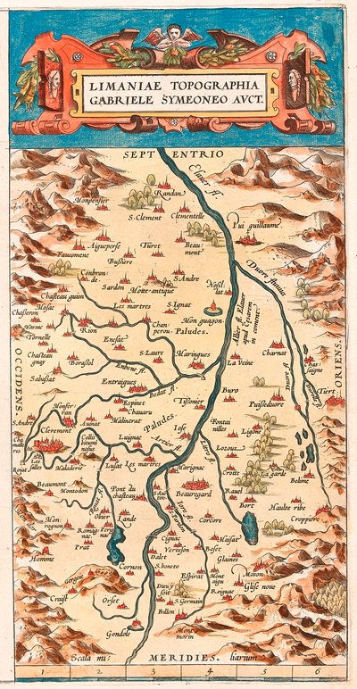 Limaniae topographed Gabriele Symeoneo Avct. Geografische Karte des Loire-Gebiets mit den Schlössern und Städten entlang des Flusses (Beaumont, Aigueperse, Clermont und Montferan (Montferrand), Beauregard, Cignac, Montaigu, Puy Guillaume...) aus „Theatrum  von Abraham Ortelius