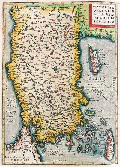 Natoliae, Quae Olim Asia Minor Nova Descriptio Geographische Karte des Territoriums von Kleinasien (Istanbul und Türkei mit den Inseln Rhodos und Zypern) aus „Theatrum Orbis Terrarum“ von Abraham Ortelius (Oertel, Ortell oder Ortel) von Abraham Ortelius