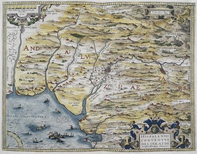 ORTELIUS, Abraham (1527-1598). Theatrum Orbis Terrarum. 1570. Es gilt als der erste moderne Atlas. CHAVES, Jeronimo de (1523-1574). Mathematiker, Astronom und Navigator. Karte von Westandalusien. Basierend auf der Karte von Hieronimus Chiaves (Jeronimo d von Abraham Ortelius