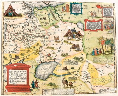 Russiae, Moscoviae und Tartariae descriptio. Auctore Antonio Ienkensono Anglo, edita Londini anno 1562 Geographische Karte des Gebiets von Russland aus „Theatrum Orbis Terrarum“ von Abraham Ortelius (Oertel, Ortell oder Ortel) von Abraham Ortelius