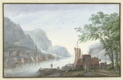 Bergige Landschaft mit Blick auf ein Dorf an einem Fluss von Abraham Rademaker