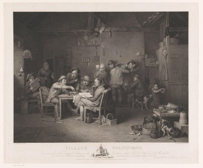 Innenraum mit Männern in Diskussion um einen Tisch von Abraham Raimbach