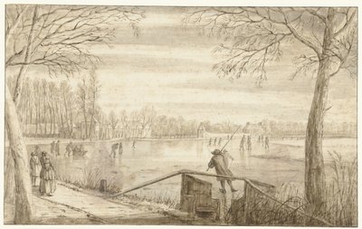 Schlittschuhläufer auf der Vecht, nahe Maarssen, mit den Anwesen von Daelwijck und Vechthoven in der Ferne von Abraham Rutgers